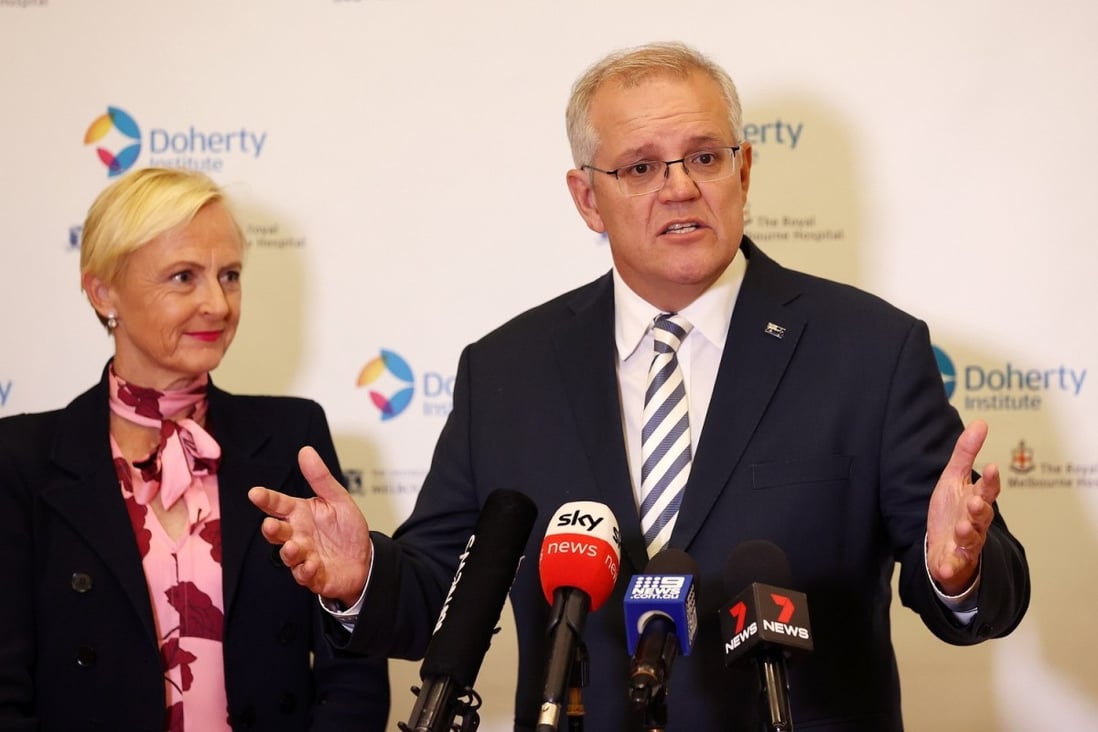 Australian Prime Minister Scott Morrison speaks to the media at the Doherty Institute in Melbourne on Tuesday. The Moderna pharmaceutical company plans to open a vaccine production facility in Australia. Photo: EPA-EFE