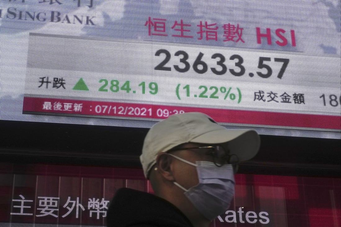 A man wearing a face mask walks past an electronic board showing the Hong Kong share index. Photo: AP