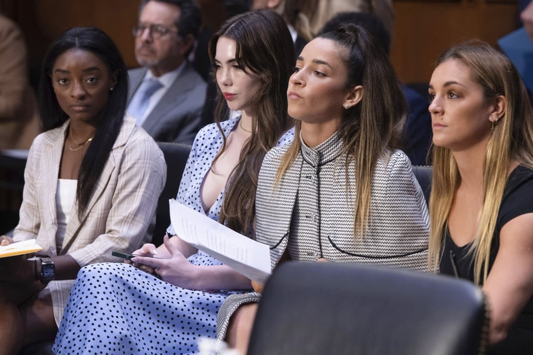 US gymnasts (from left) Simone Biles, McKayla Maroney, Aly Raisman and Maggie Nichols prepare to testify during a Senate Judiciary hearing on the Larry Nassar investigation in Washington in September. Photo: AP