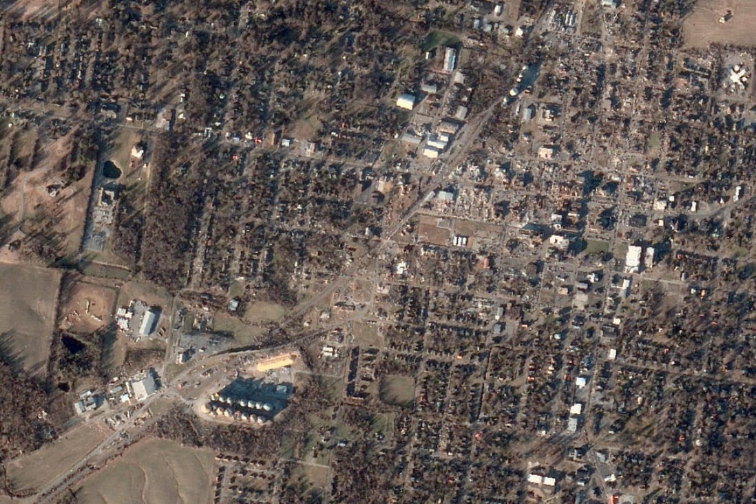 Satellite image shows a swath of damage left by a tornado in Mayfield, Kentucky. Photo: BlackSky via Reuters