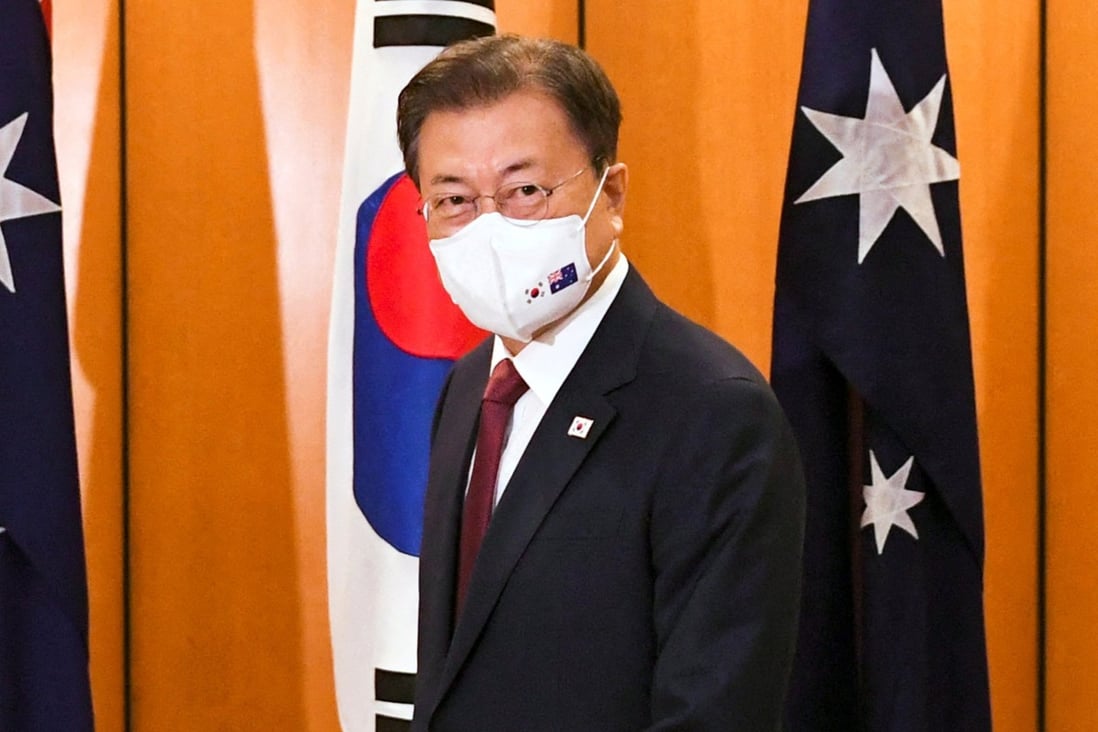 South Korean President Moon Jae-in at Parliament House in Canberra on December 13, 2021. Photo: Reuters
