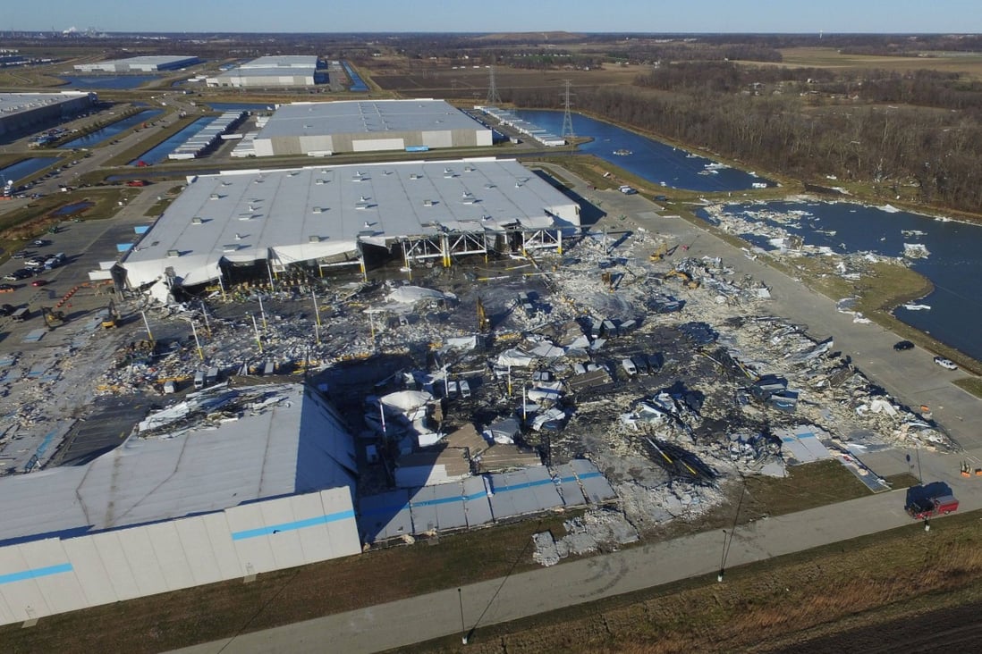 The aftermath at an Amazon distribution centre in Edwardsville, Illinois, a day after a series of tornadoes dealt a blow to several US states. Photo: Reuters