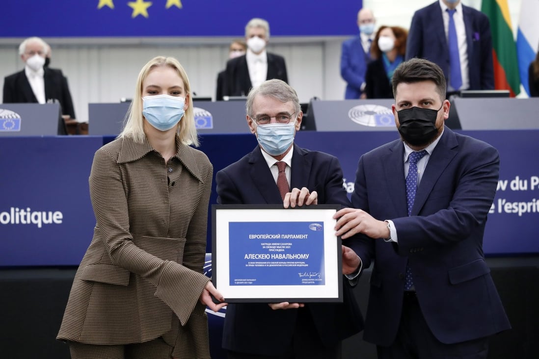 Alexei Navalny’s daughter Daria Navalnaya receives the Sakharov Prize in Strasbourg, France, on Wednesday. Photo: AP