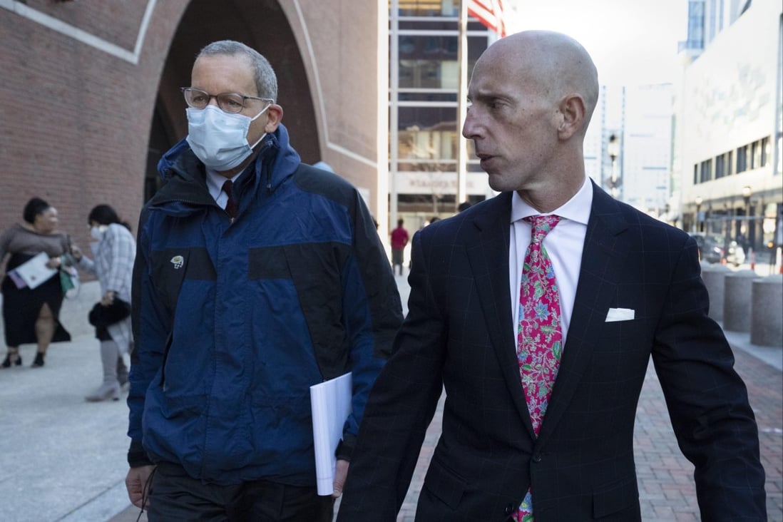 Harvard University professor Charles Lieber (left) leaving federal court in Boston with his lawyer Marc Mukasey on Tuesday. Photo: AP