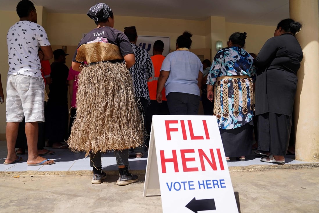 Voters from outer islands queue up to enter their designated polling place during Tonga’s general election on November 18. Photo: AFP