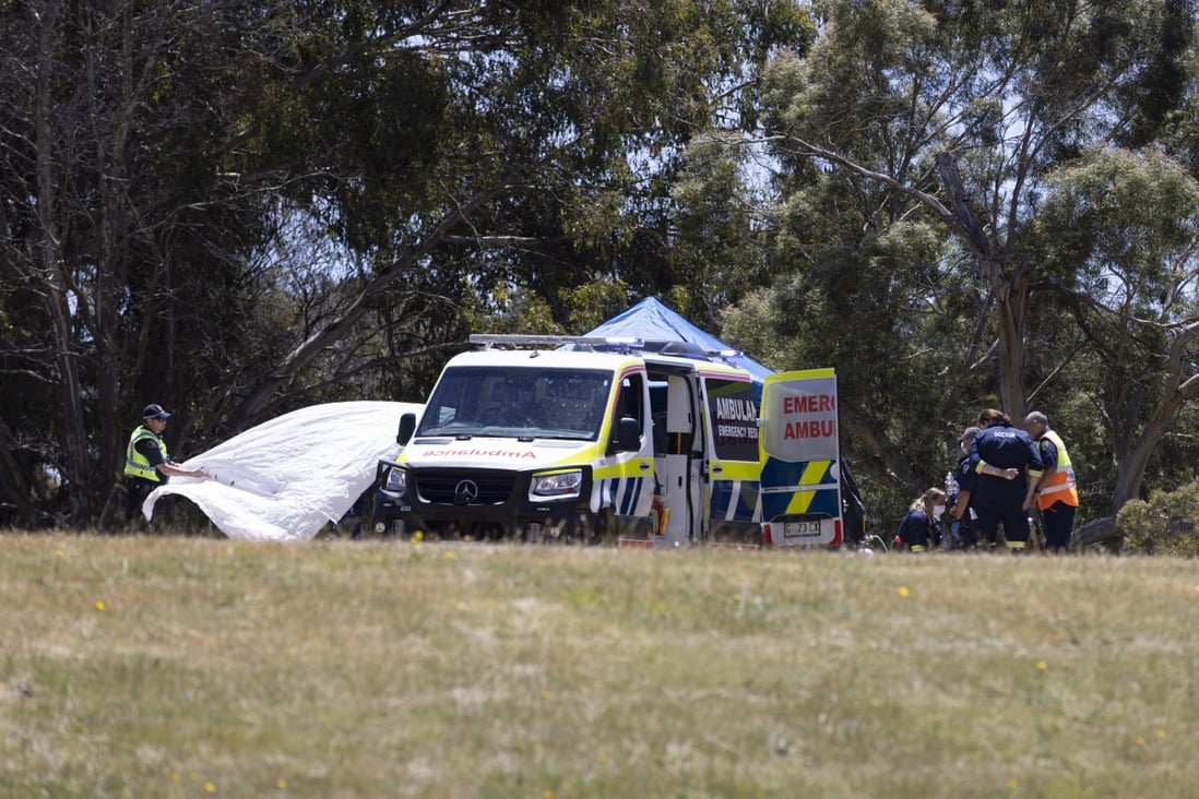 Emergency services are seen at Hillcrest Primary School in Devonport, Tasmania, after a jumping castle was blown into the air. Photo: EPA-EFE
