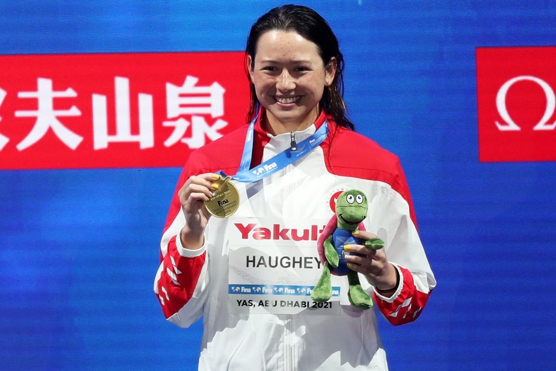 Gold medalist Siobhan Haughey during the medal ceremony for the women’s 200m freestyle final at Fina World Swimming Championships in Abu Dhabi. Photo:  EPA-EFE