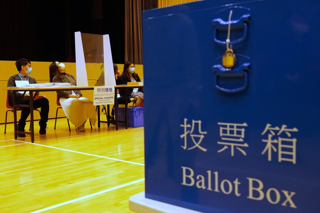 A mock-up of a polling station is presented to the media ahead of the Legco race. Photo: Robert Ng