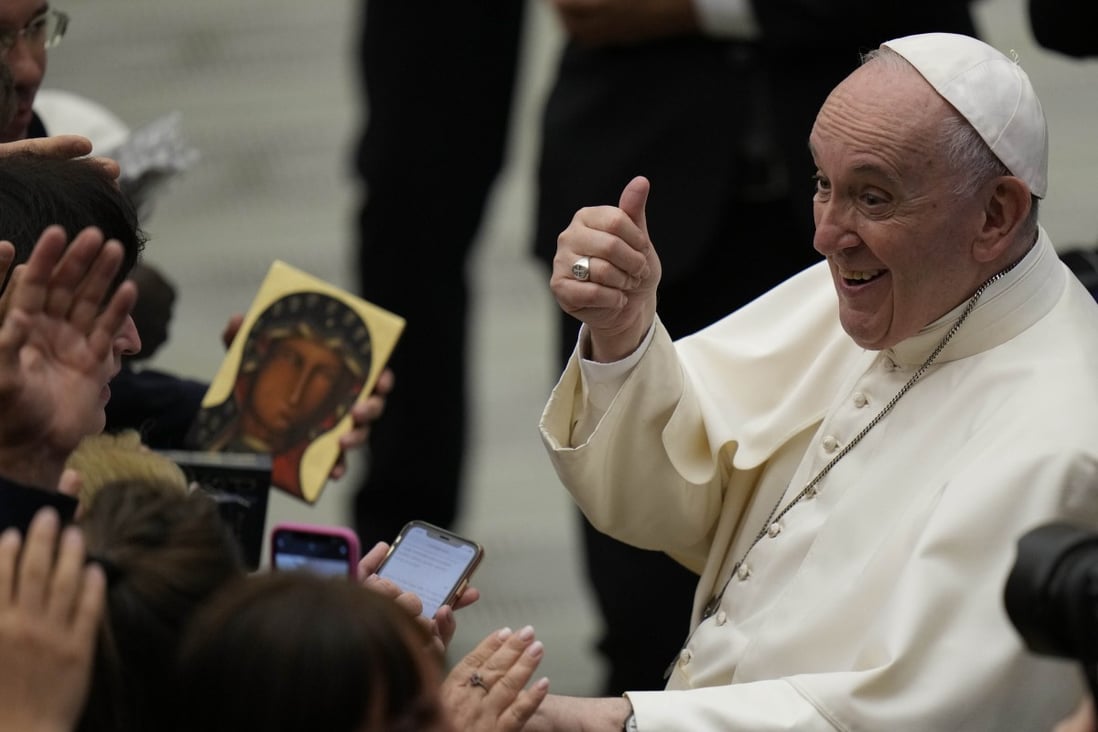 Pope Francis gives the thumbs up as he celebrates his 85th birthday. Photo: AP 