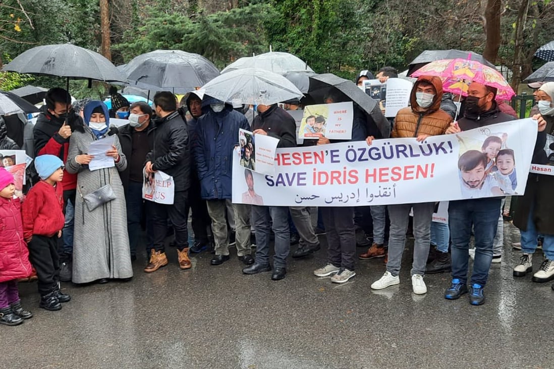 The family and supporters of Yidiresi Aishan, also known as Idris Hasan, gathered outside the Moroccan embassy in Turkey to protest a Moroccan court’s decision to extradite Aishan to China. Photo: Handout