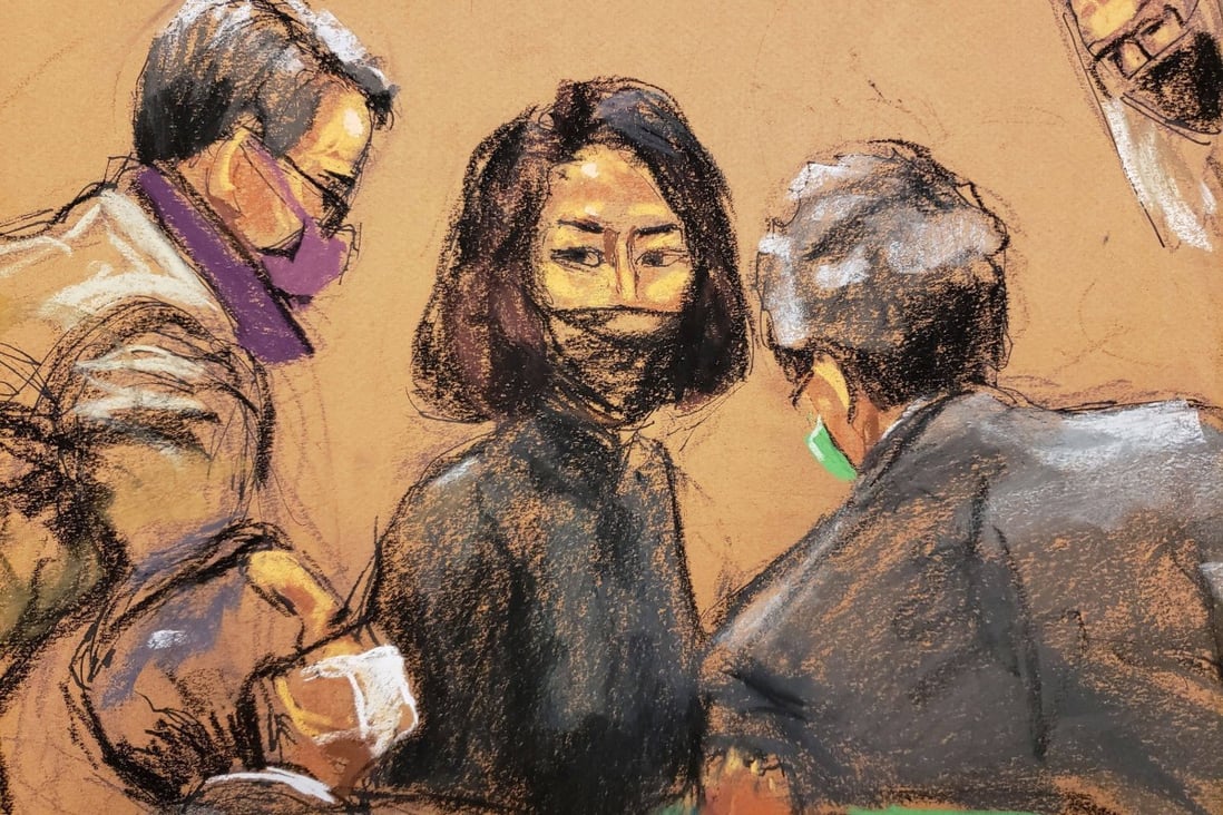 Ghislaine Maxwell speaks with her lawyers during her trial in New York on Friday. Courtroom sketch: Jane Rosenberg via Reuters