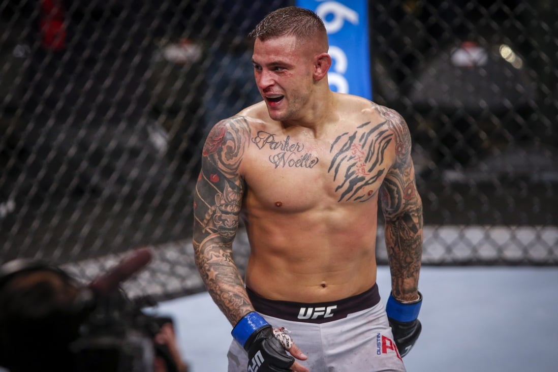 Dustin Poirier reacts after defeating Eddie Alvarez during a lightweight mixed martial arts bout at UFC Fight Night in Calgary, Alberta, Saturday, July 28, 2018. Photo: Jeff McIntosh/The Canadian Press via AP