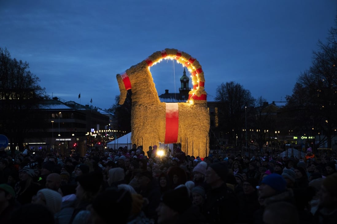 This year’s Yule goat was inaugurated in Gavle, Sweden in November, about three weeks before it was burned down on Friday. Photo: EPA-EFE