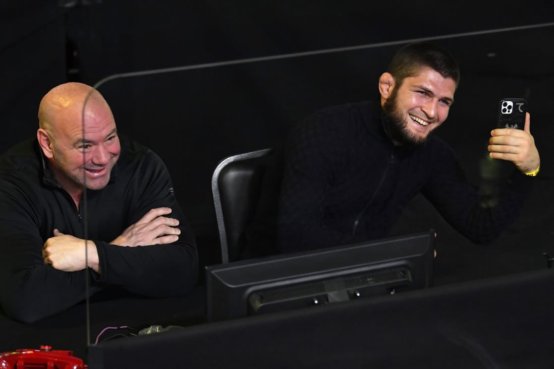 UFC president Dana White and former lightweight champion Khabib Nurmagomedov look on during the UFC Fight Night event at UFC APEX on March 20, 2021 in Las Vegas, Nevada. Photo: Chris Unger/Zuffa LLC via Getty Images