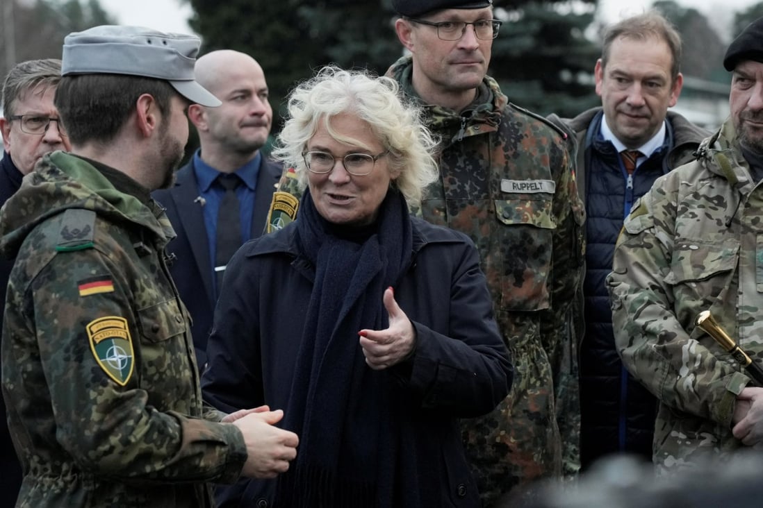 German Defence Minister Christine Lambrecht meets soldiers as she visits Rukla military base in Lithuania on Sunday. Photo: Reuters