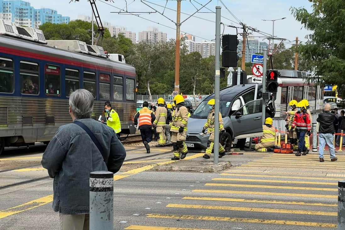 A Light Rail train collided with an SUV at the intersection of Wu King Road and Wu Shan Road in Tuen Mun on Sunday. Photo: Handout