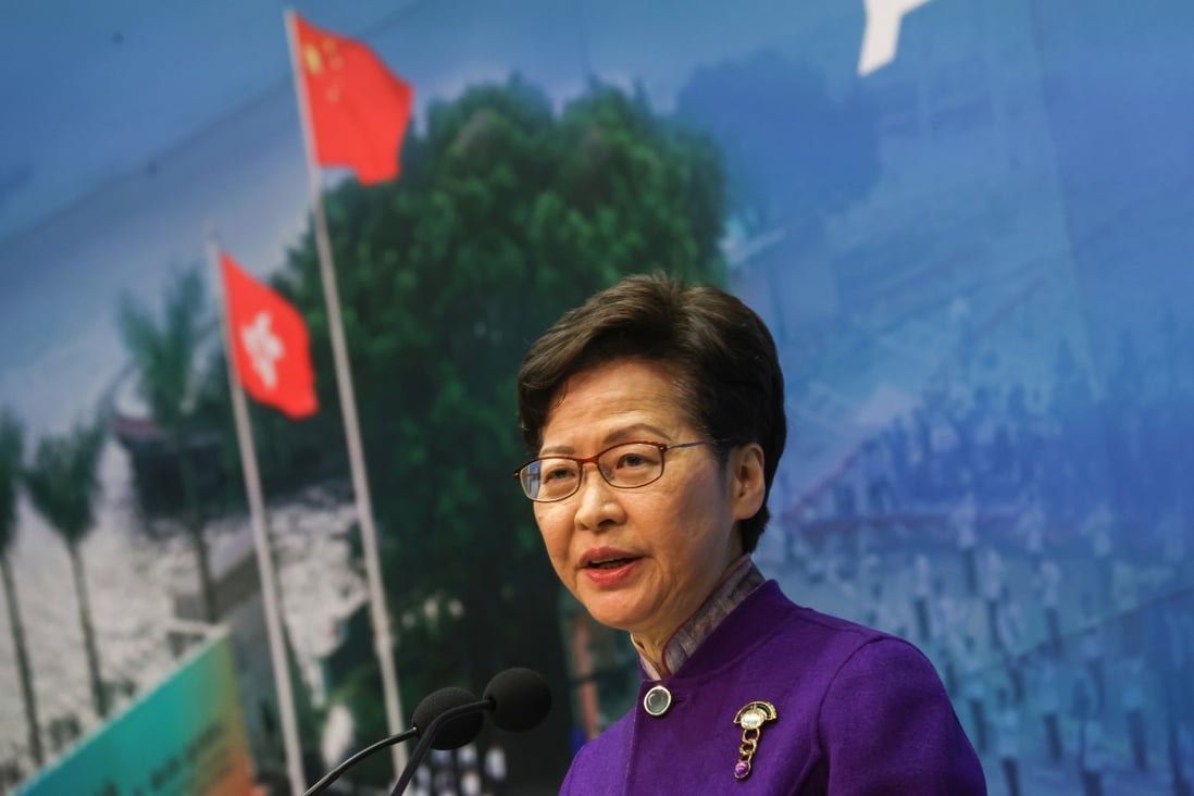 Chief Executive Carrie Lam meets the press at government headquarters in Tamar on Monday. Photo: May Tse