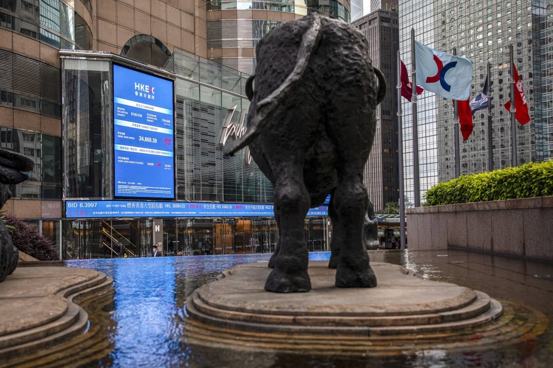 An electronic board displays the Hang Seng Index figures at Exchange Square, the building housing the stock market, in Hong Kong. Photo: EPA-EFE