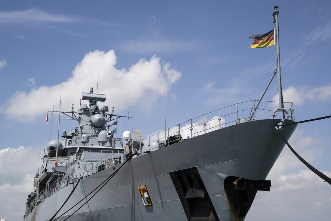 The German navy’s Bayern frigate is seen at Changi Naval Base in Singapore on December 21, as part of Germany’s strategic Indo-Pacific presence. Photo: Bloomberg