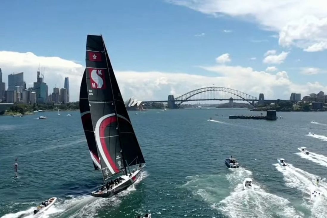 Hong Kong-owned Sun Hung Kai Scallywag takes line honours in the SOLAS Big Boat Challenge race in Australia. Photo: CYCATV