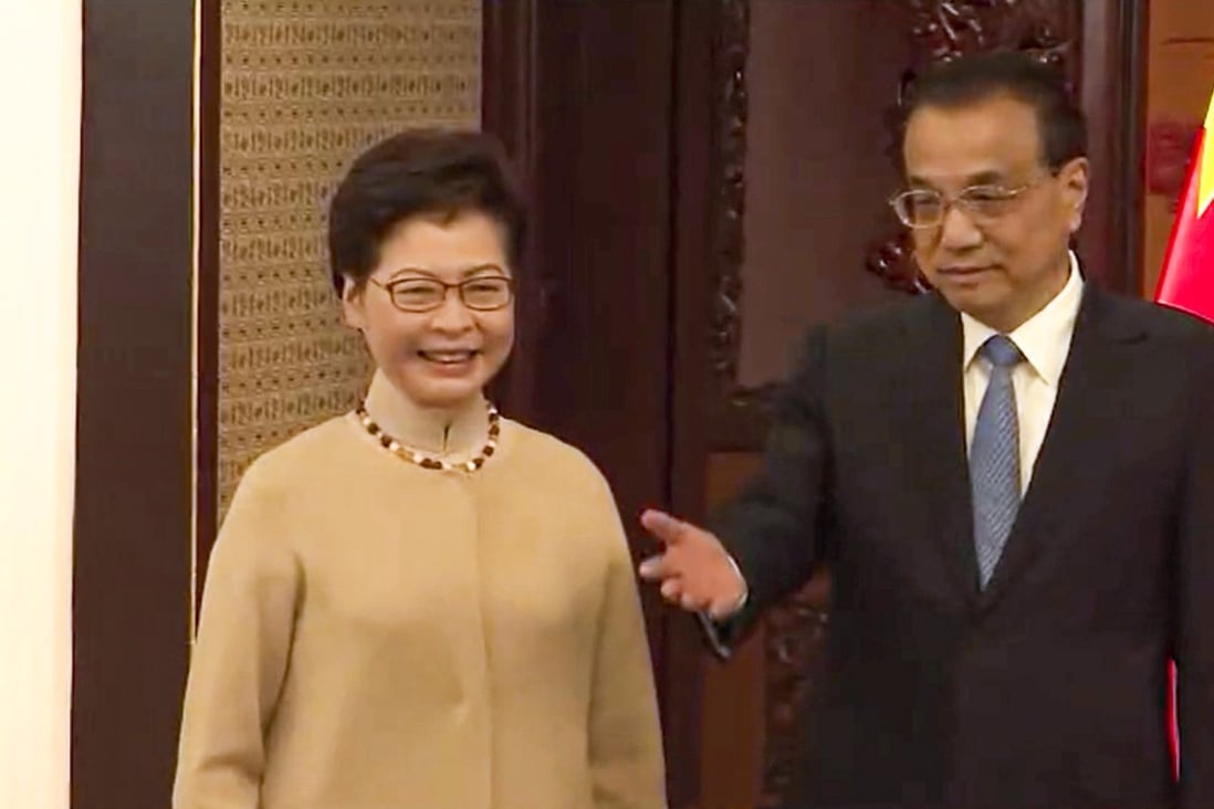 Hong Kong Chief Executive Carrie Lam briefed Premier Li Keqiang in Beijing this morning on the city’s economic and political situation. Photo: TVB News