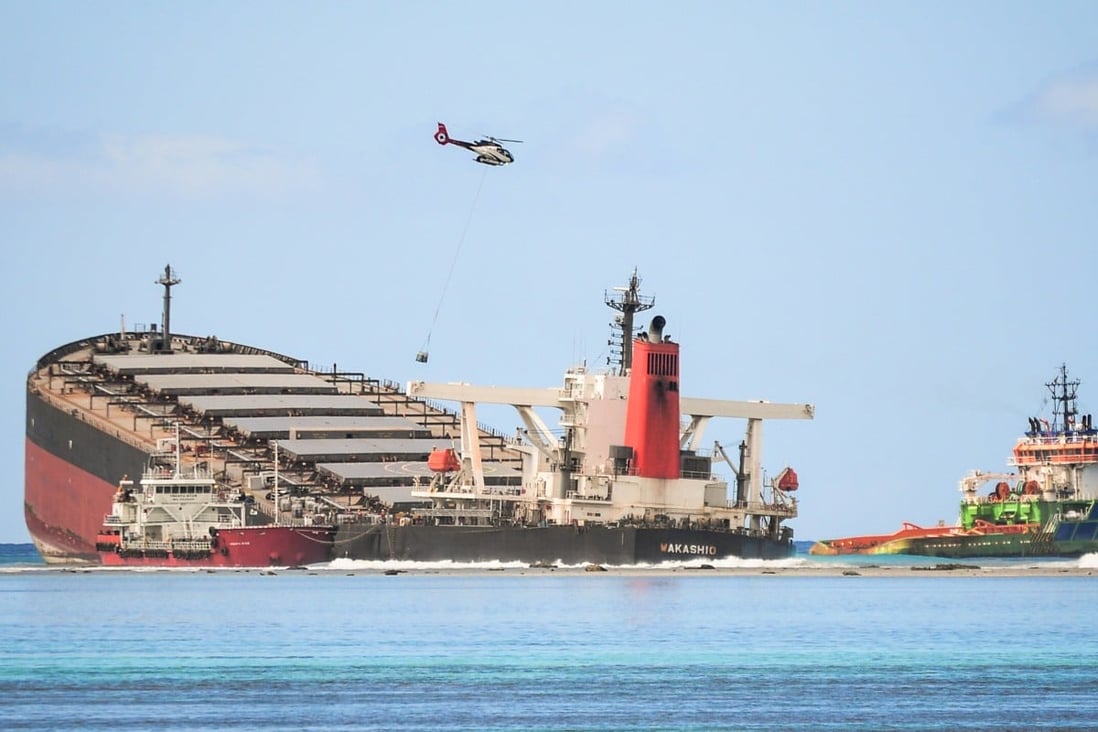 The MV Wakashio ran aground and caused oil leakage near Blue bay Marine Park in southeast Mauritius on August 11, 2020. Photo: AFP