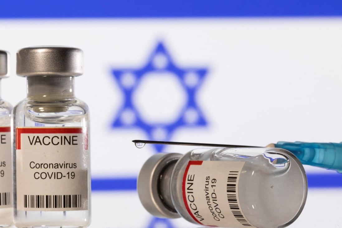 Covid-19 vaccine in front of a flag of Israel, which is planning its fourth roll out. Photo: Reuters