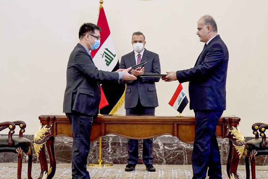 Iraqi Prime Minister Mustafa Al-Kadhimi oversaw the signing of 15 contracts on Thursday, with representatives of the  Power Construction Corporation of China and Sino Tech. Photo: Twitter
