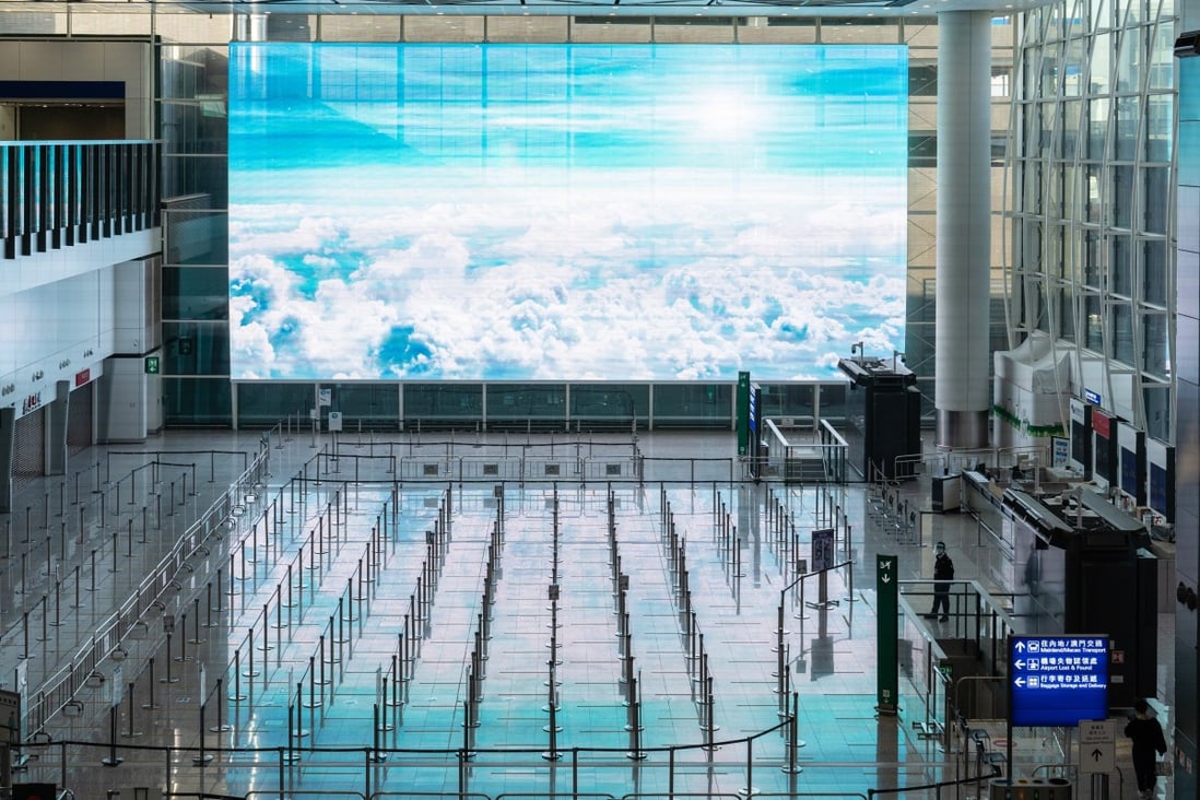 An area for passengers heading to quarantine at Hong Kong International Airport on November 29. Health experts have called on the government to further tighten the quarantine rules for aircrew, pointing out that they are more at risk of getting infected. Photo: Bloomberg