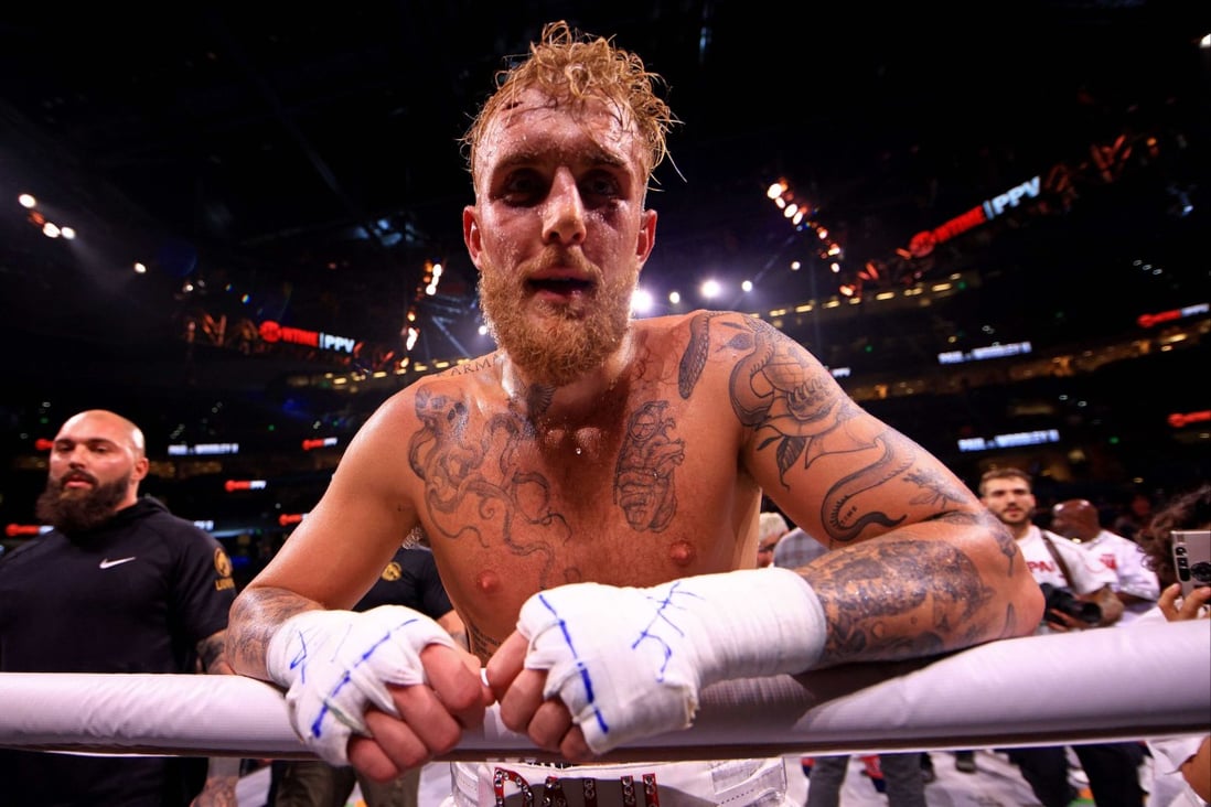 Jake Paul reacts to knocking out Tyron Woddley in the sixth round of their rematch. Photo: Mike Ehrmann/Getty Images/AFP