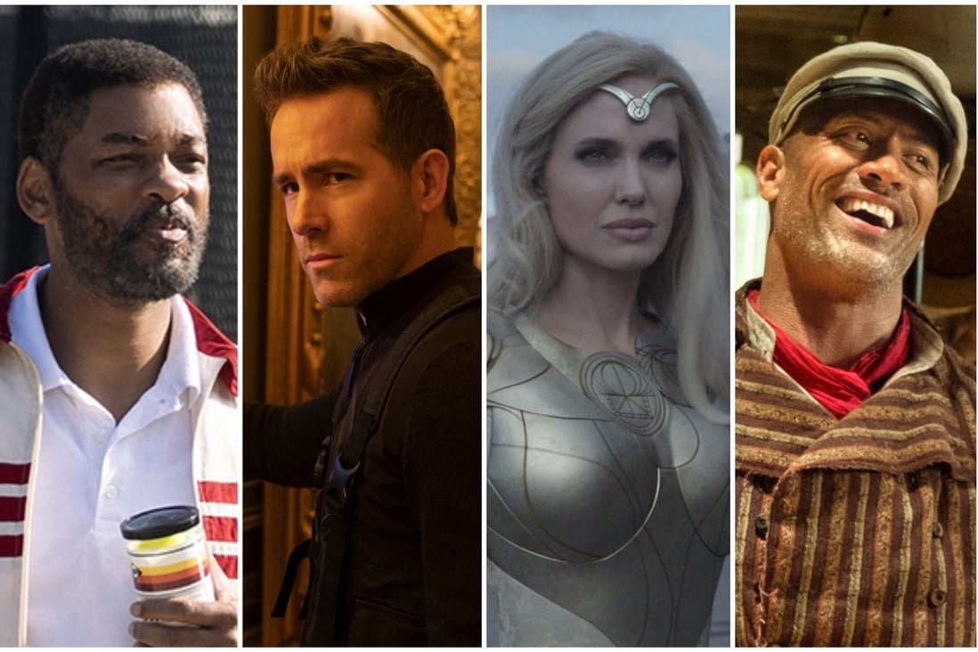 Which stars made the most from roles in film on the big or small screen in 2021? Will Smith, Ryan Reynolds, Angelina Jolie and Dwayne Johnson all made the top 10. Photos: TNS, Netflix, Marvel Studios, Disney Enterprises, Inc.