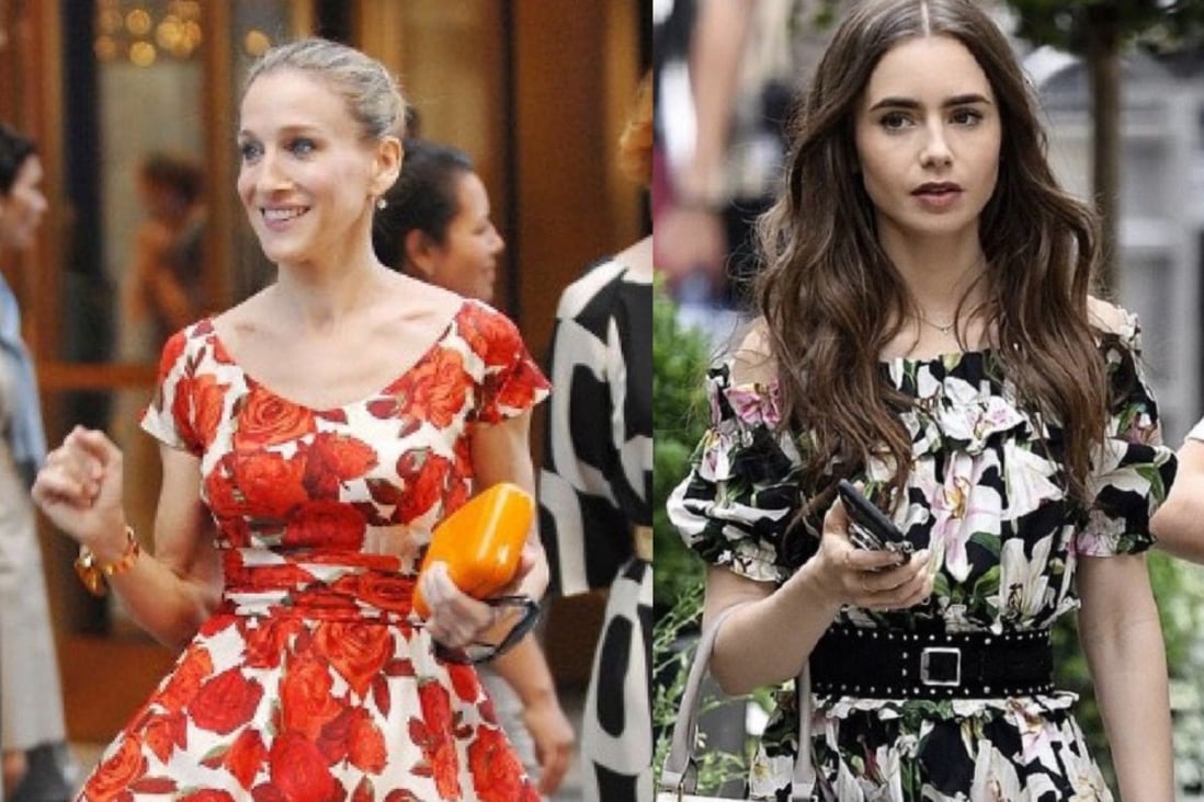 Carrie Bradshaw (right) in Sex and the City and Emily Cooper in Emily in Pairs both in floral dresses. The two shows have more in common fashion-wise than you would think.