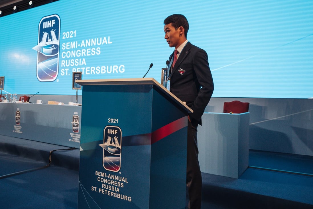 Aivaz Omorkanov, the new IIHF vice-president for Asia and Oceania, during his speech in September where he was elected to the council and ousted Hong Kong’s Thomas Wu in the process. Photo: IIHF