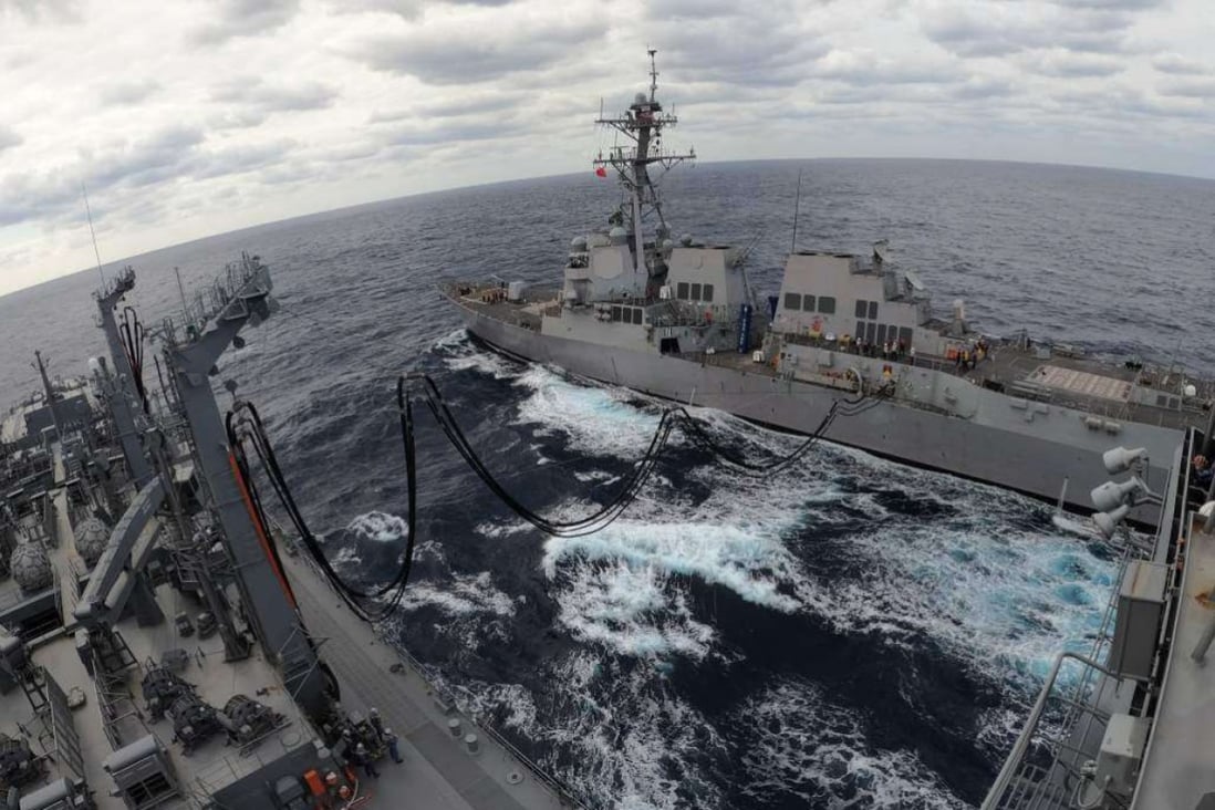 Japanese vessel JS Oumi and the American USS Dewey during a bilateral exercise in the East China Sea in November. Photo: JMSDF/Twitter