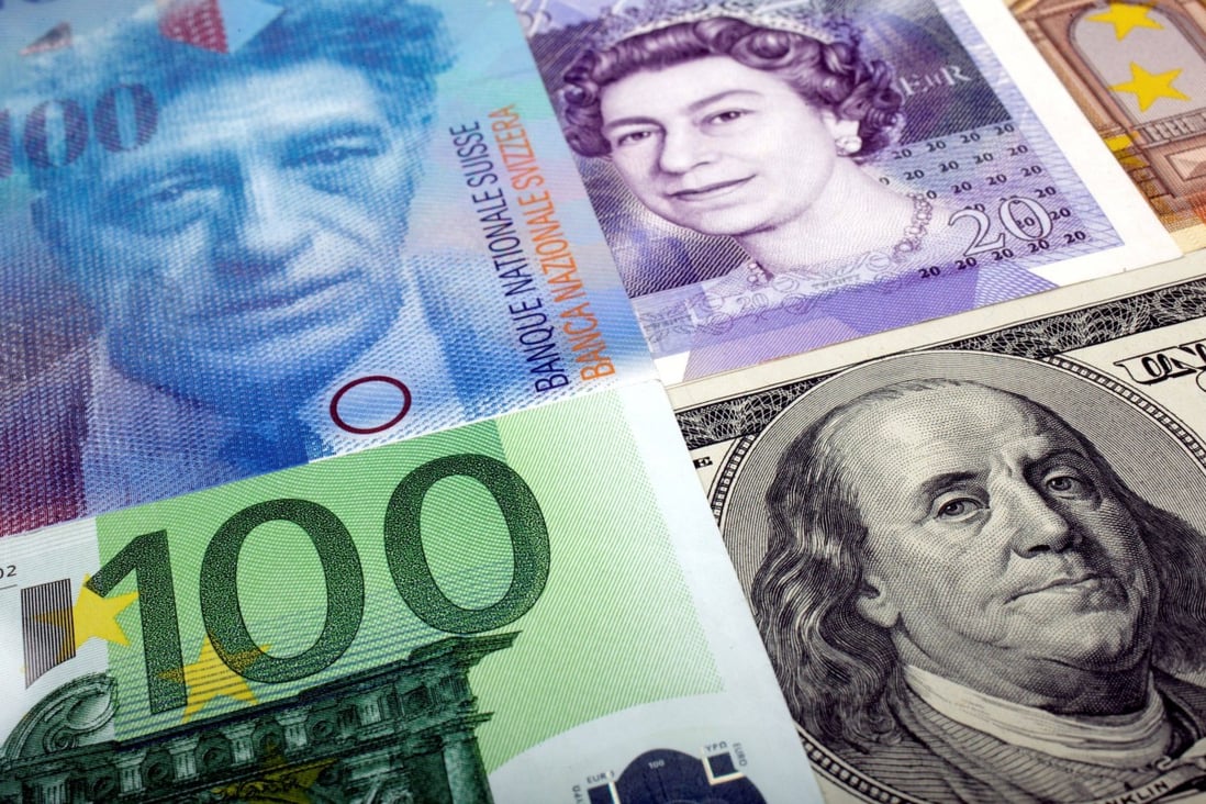 US dollar, Swiss franc, British pound and Euro bank notes. Photo: Reuters