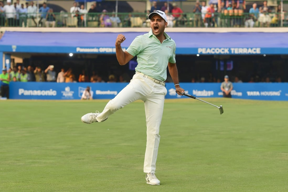 India’s Khalin Joshi celebrates his breakthrough win in the Panasonic Open at Delhi Golf Club in 2018. Photo: Asian Tour