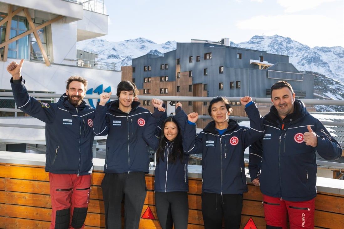 Audrey King (centre) and Adrian Yung (second from right) with Hong Kong team officials in Europe. Photo: Skiing Association of Hong Kong