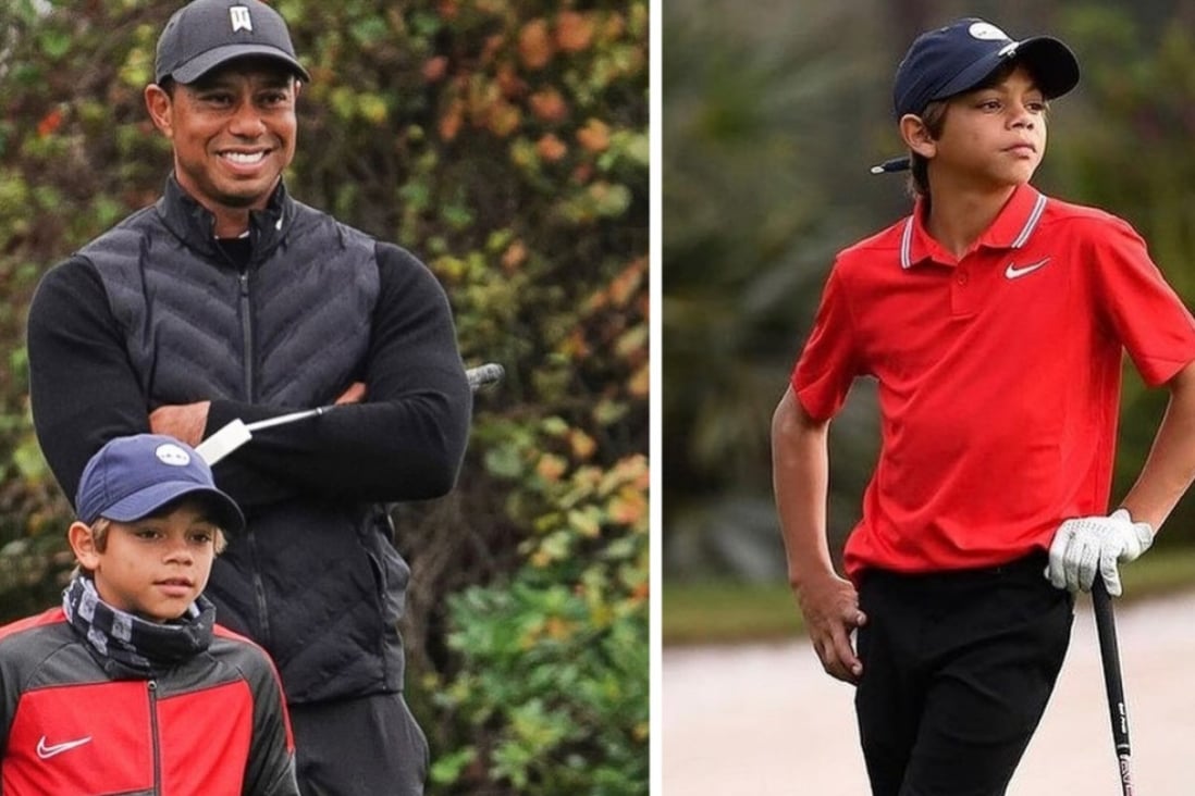 Tiger Woods and his mini-me son, Charlie. Photo: @charliewoods_fanclubpage/Instagram