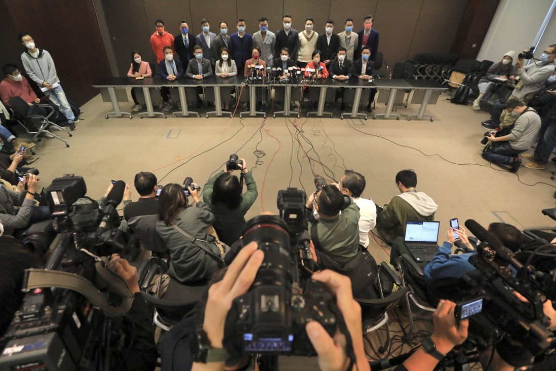 Newly elected Legislative Council lawmakers from geographic constituencies meet the media at Legco in Admiralty on December 22. Photo: Felix Wong