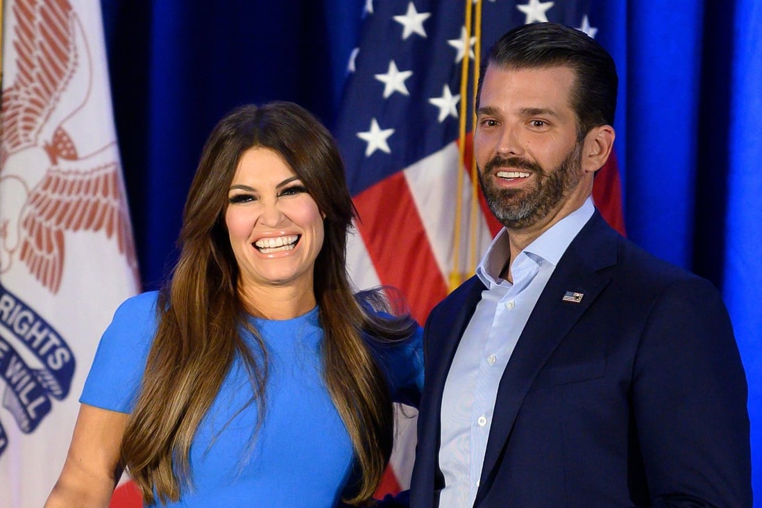 Donald Trump Jr. and his girlfriend Kimberly Guilfoyle smile during a Keep Iowa Great press conference in Des Moines, in February 2020. Photo: AFP