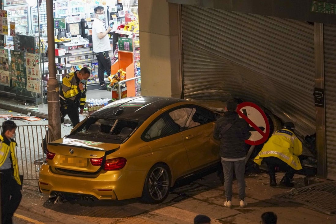 The BMW car hit a building in San Po Kong. Photo: Felix Wong