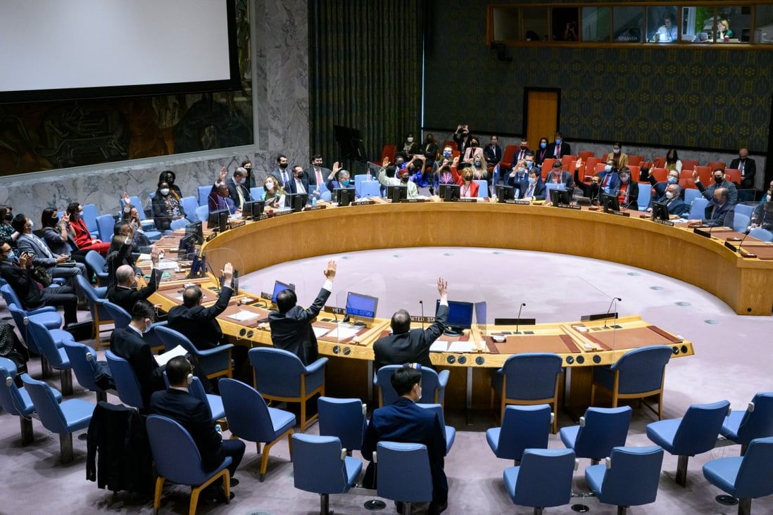 The United Nations Security Council meeting is seen at the UN headquarters in New York in October. The permanent Security Council members – Britain, China, France, Russia and the US – issued a joint statement on Monday, pledging that nuclear weapons should only be used for defensive purposes. Photo: Xinhua