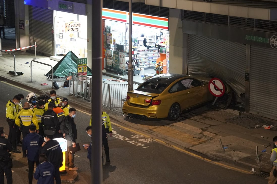 Two pedestrians were killed and four were injured after a BMW car crashed into an industrial unit at San Po Kong. Photo: Felix Wong