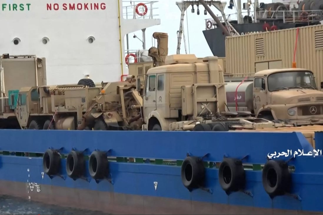 Image taken from a video broadcast by Yemen’s Houthi rebels on January 3 shows an Emirati-flagged vessel in the Red Sea seized by Yemen’s Houthi rebels and reportedly carrying Saudi military equipment, at an undisclosed location. Photo: Al-Huthi Group Media Office / AFP