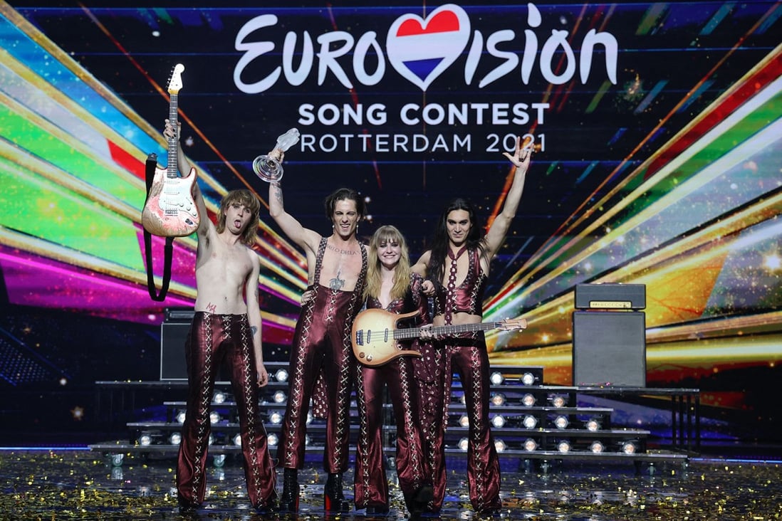 Maneskin after winning the final of the 65th  Eurovision Song Contest in May, 2021. The band recently made their US debut and are looking forward to their biggest concert yet, in Rome. Photo: Kenzo Tribouillard/AFP via Getty Images/TNS