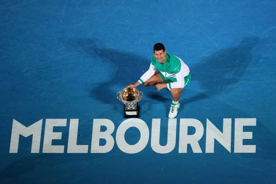 Novak Djokovic celebrates after winning the Australian Open men’s singles final in 2021. Photo: Reuters