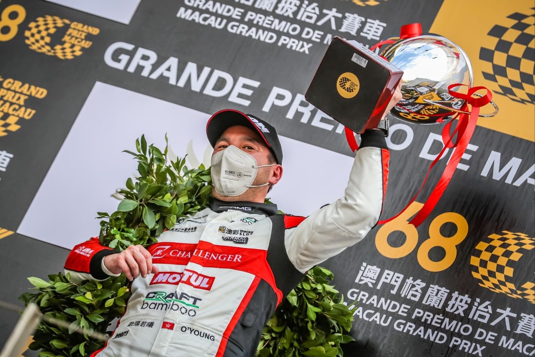 Hong Kong driver Darryl O’Young celebrates on the top podium after winning the 2021 Macau Grand Prix GT Cup. Photo: Craft Bamboo Racing