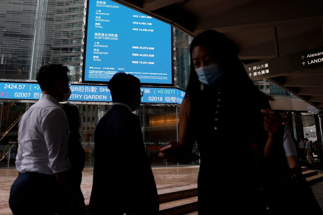 People wearing protective masks walk past screens outside the Hong Kong Exchanges, following the coronavirus outbreak, in Hong Kong’s financial Central district on September 14, 2020. Photo: Reuters