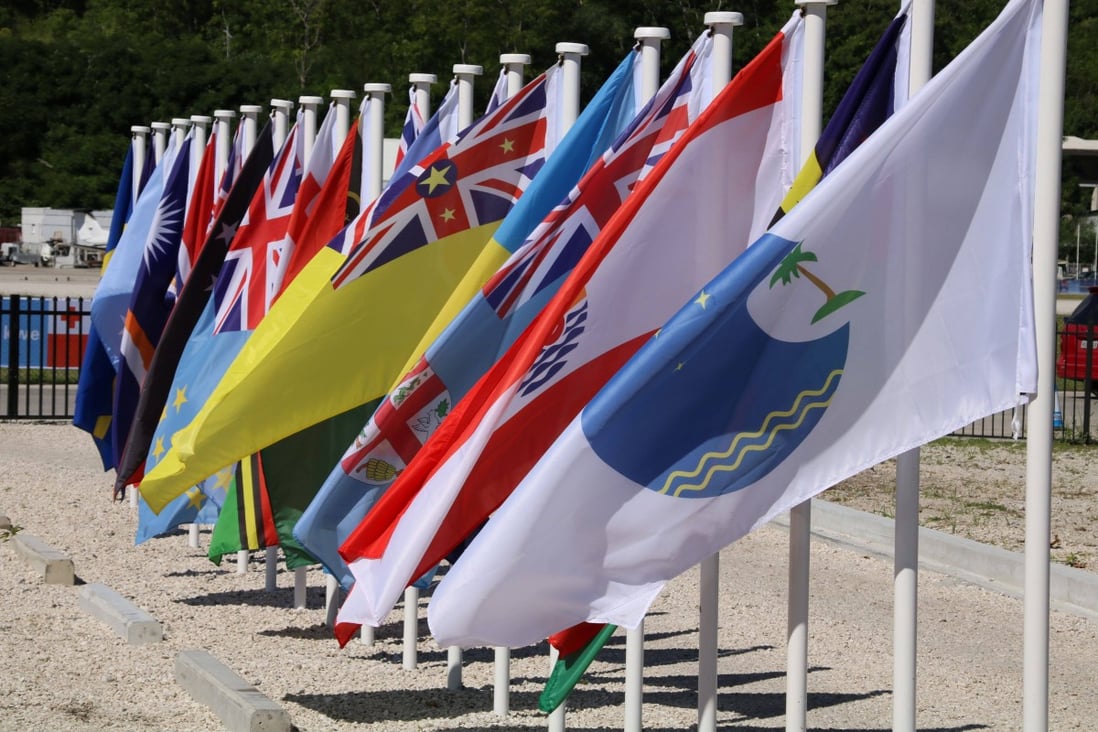 Pacific island nations’ flags are seen at a Pacific Islands Forum summit in 2018. Photo: AFP