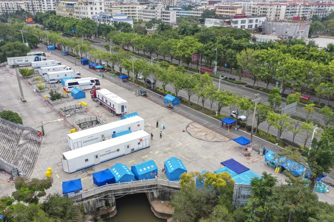 Mobile Covid-19 laboratories underline the state of alert in Dongxing, on the Vietnam border. Photo: Xinhua